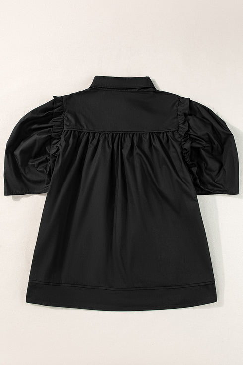 Short Puff Sleeve Ruffle Detail Button Down Shirt