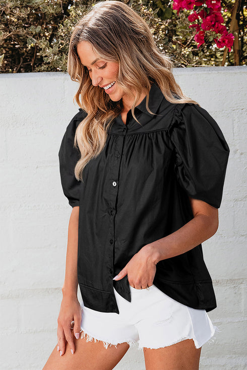 Short Puff Sleeve Ruffle Detail Button Down Shirt