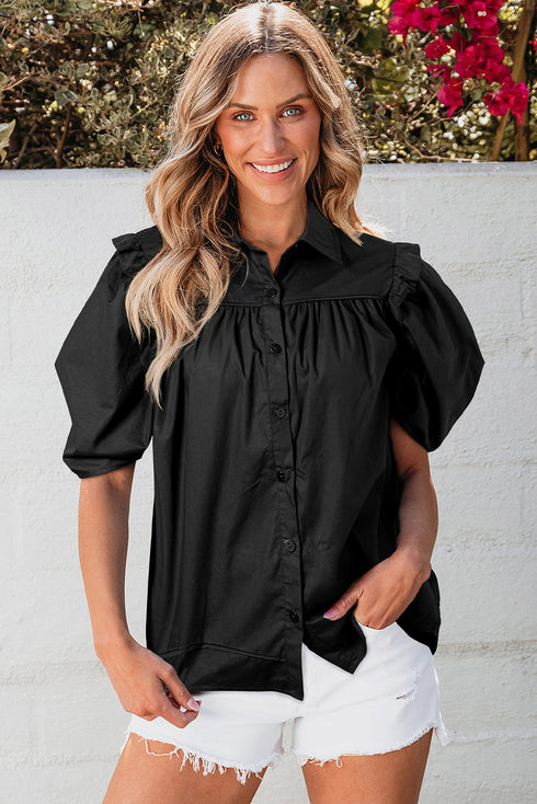 Short Puff Sleeve Ruffle Detail Button Down Shirt
