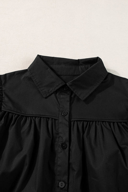 Short Puff Sleeve Ruffle Detail Button Down Shirt