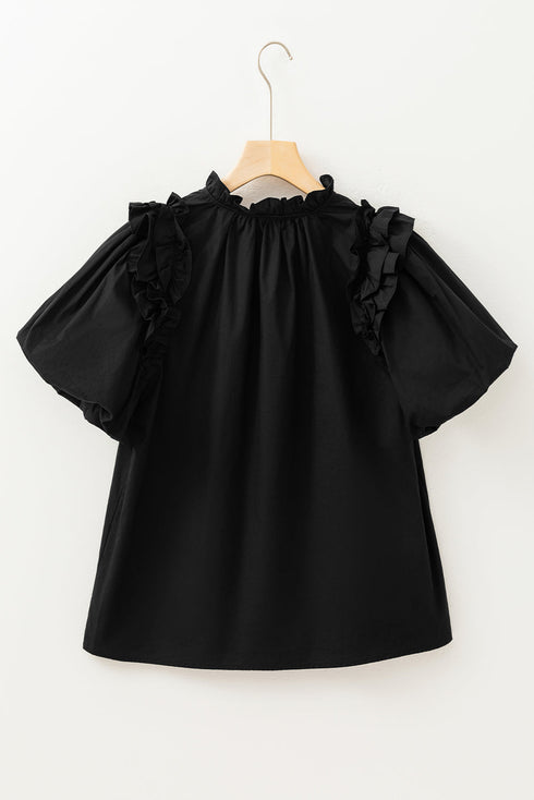 Short Puff Sleeve Ruffled Hem Cotton Blouse