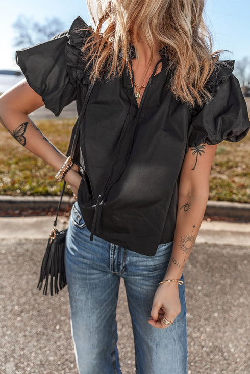 Short Puff Sleeve Ruffled Hem Cotton Blouse