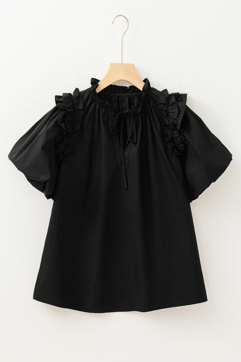 Short Puff Sleeve Ruffled Hem Cotton Blouse