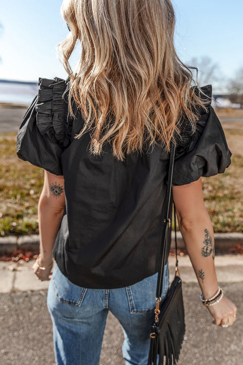Short Puff Sleeve Ruffled Hem Cotton Blouse