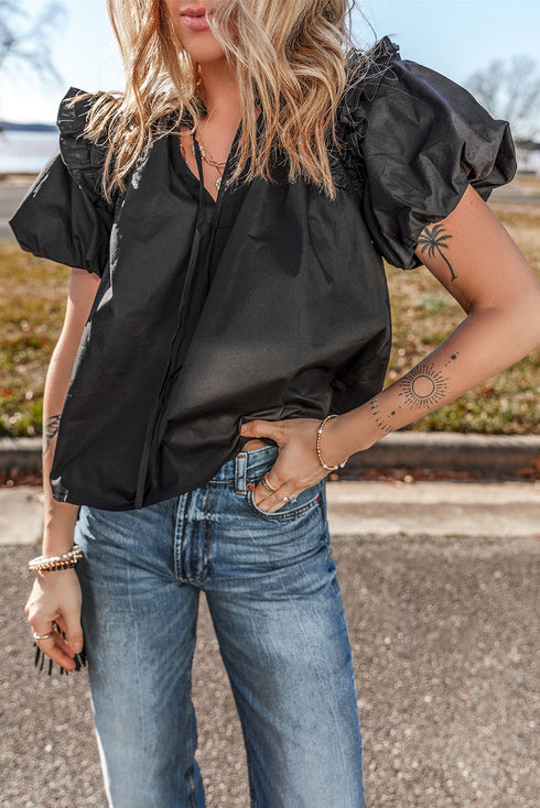 Short Puff Sleeve Ruffled Hem Cotton Blouse