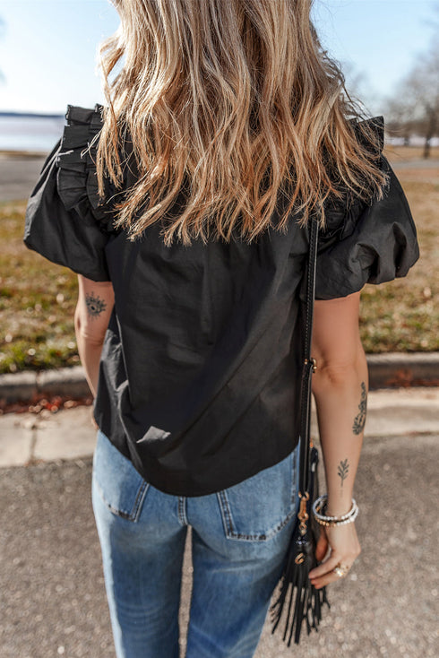Short Puff Sleeve Ruffled Hem Cotton Blouse