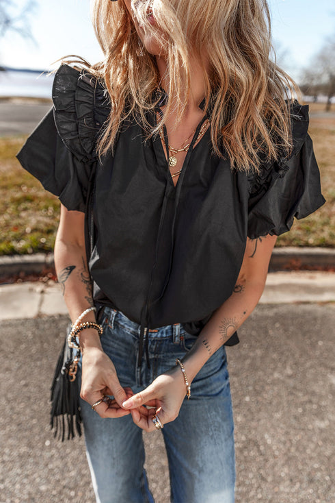 Short Puff Sleeve Ruffled Hem Cotton Blouse