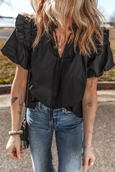 Short Puff Sleeve Ruffled Hem Cotton Blouse