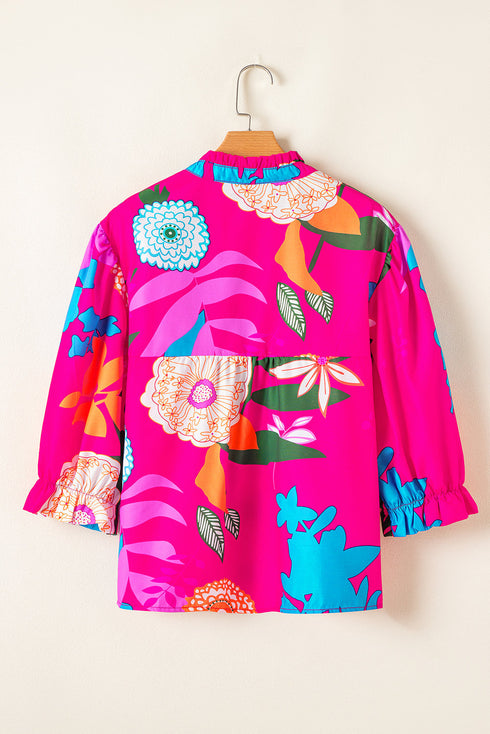 Short Puff Sleeve Ruffled Tassel Tie Floral Blouse