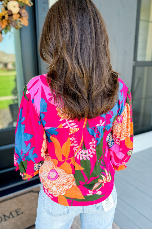 Short Puff Sleeve Ruffled Tassel Tie Floral Blouse