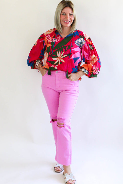 Short Puff Sleeve Ruffled Tassel Tie Floral Blouse
