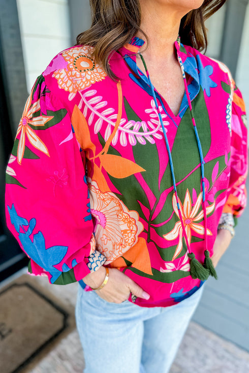 Short Puff Sleeve Ruffled Tassel Tie Floral Blouse