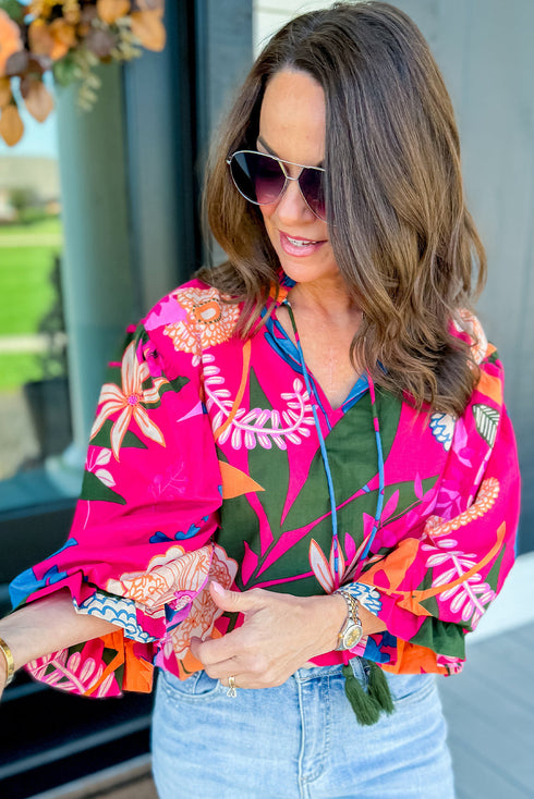 Short Puff Sleeve Ruffled Tassel Tie Floral Blouse