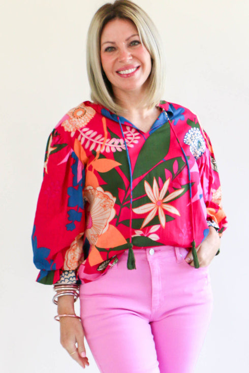 Short Puff Sleeve Ruffled Tassel Tie Floral Blouse