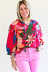 Short Puff Sleeve Ruffled Tassel Tie Floral Blouse