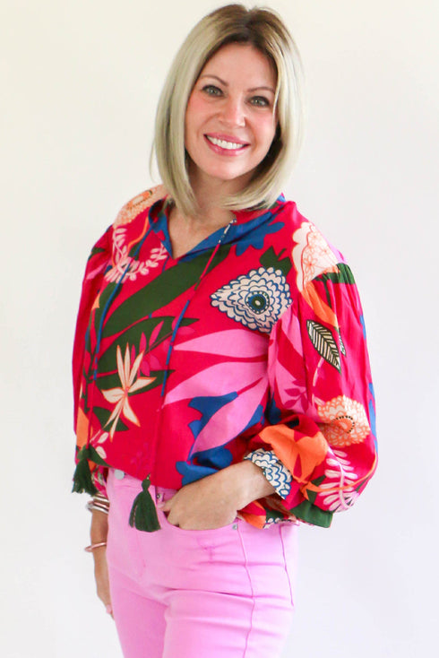 Short Puff Sleeve Ruffled Tassel Tie Floral Blouse