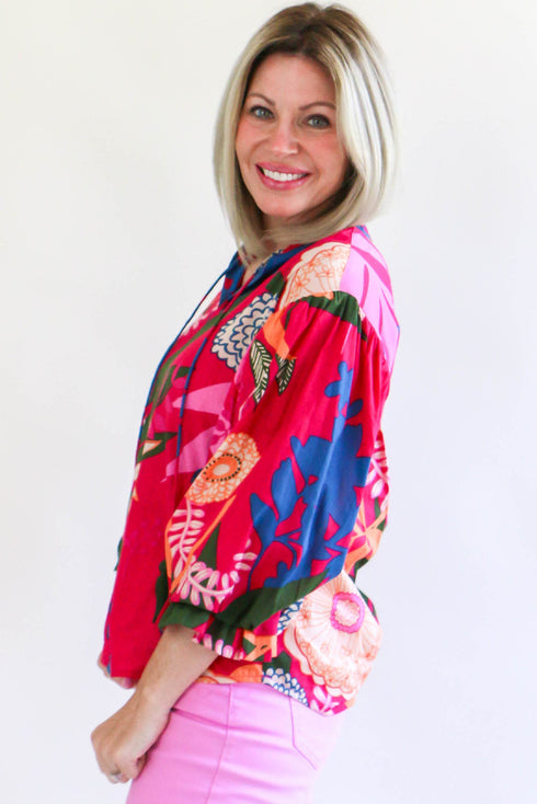 Short Puff Sleeve Ruffled Tassel Tie Floral Blouse