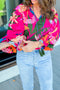 Short Puff Sleeve Ruffled Tassel Tie Floral Blouse