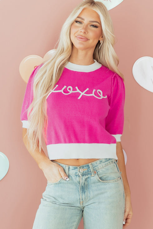 Short Puff Sleeve Script Graphic Knit Sweater