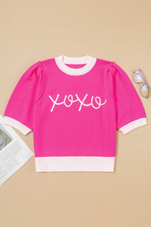 Short Puff Sleeve Script Graphic Knit Sweater