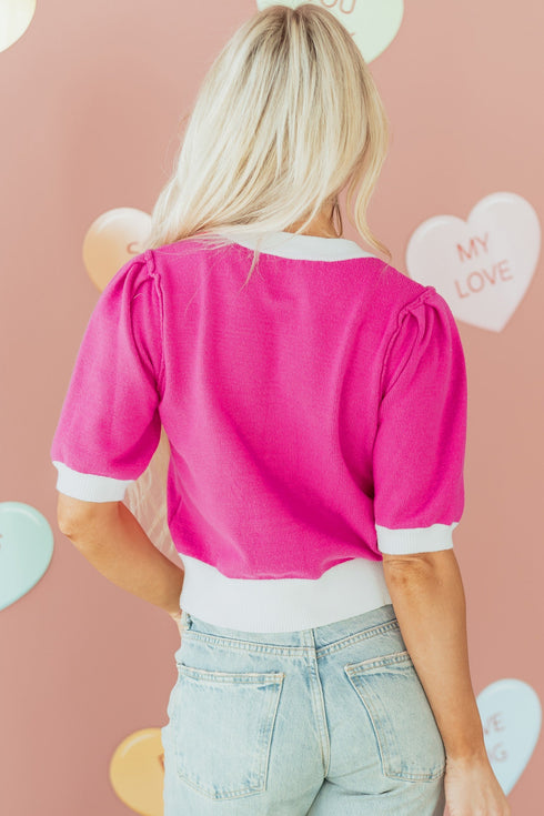 Short Puff Sleeve Script Graphic Knit Sweater