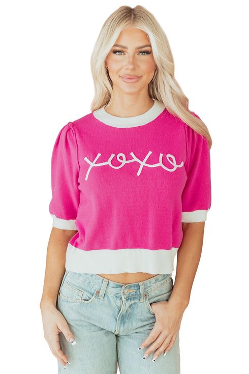 Short Puff Sleeve Script Graphic Knit Sweater