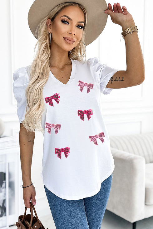 Short Puff Sleeve Sequin Bow Accent Top