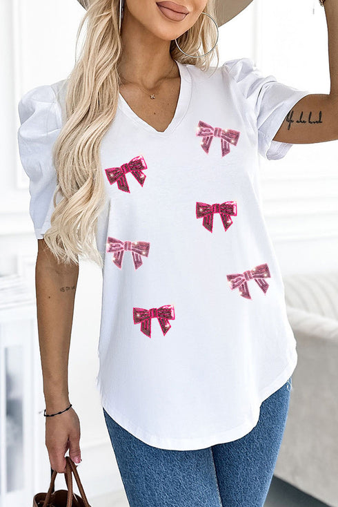 Short Puff Sleeve Sequin Bow Accent Top