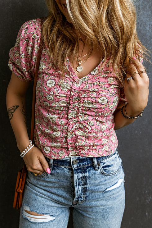 Short Puff Sleeve V Neck Ruched Peplum Blouse