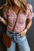 Short Puff Sleeve V Neck Ruched Peplum Blouse