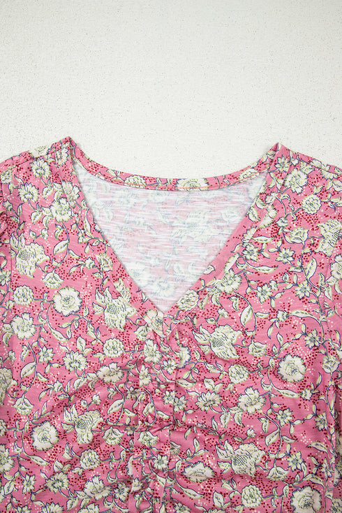 Short Puff Sleeve V Neck Ruched Peplum Blouse