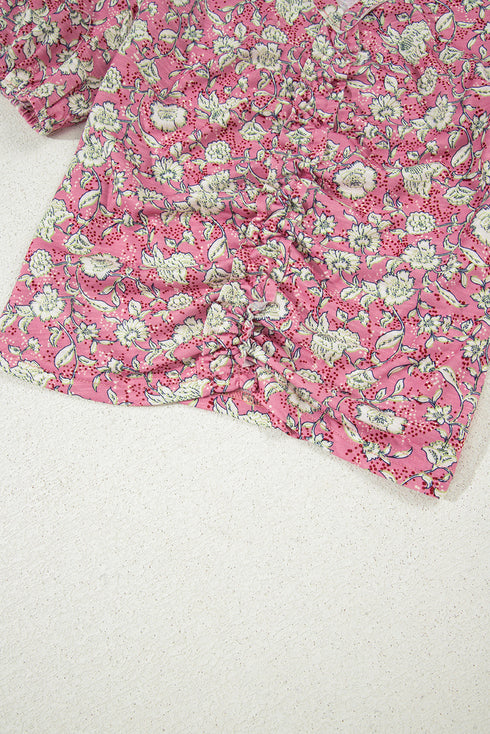 Short Puff Sleeve V Neck Ruched Peplum Blouse