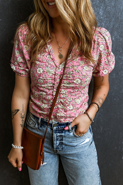 Short Puff Sleeve V Neck Ruched Peplum Blouse