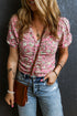 Short Puff Sleeve V Neck Ruched Peplum Blouse