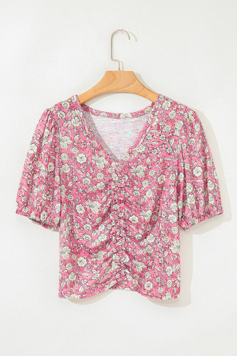 Short Puff Sleeve V Neck Ruched Peplum Blouse