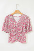 Short Puff Sleeve V Neck Ruched Peplum Blouse