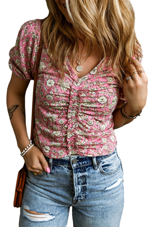 Short Puff Sleeve V Neck Ruched Peplum Blouse