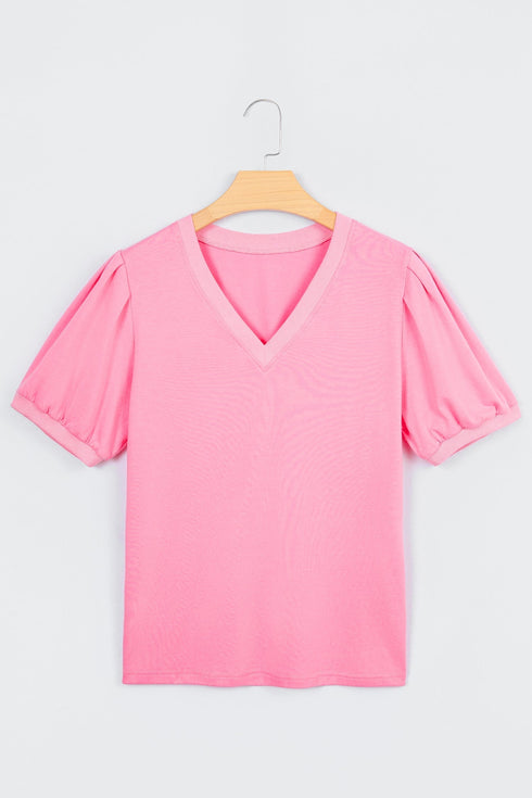 Short Puff Sleeve V Neck Wrap Waist Peplum Blouse