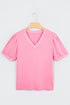Short Puff Sleeve V Neck Wrap Waist Peplum Blouse