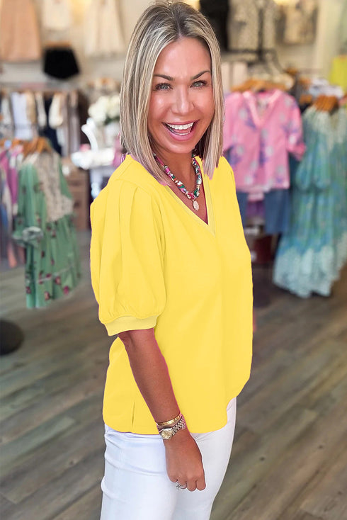 Short Puff Sleeve V Neck Wrap Waist Peplum Blouse