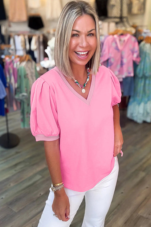 Short Puff Sleeve V Neck Wrap Waist Peplum Blouse