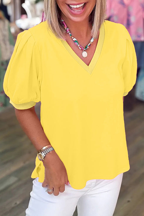 Short Puff Sleeve V Neck Wrap Waist Peplum Blouse