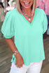 Short Puff Sleeve V Neck Wrap Waist Peplum Blouse