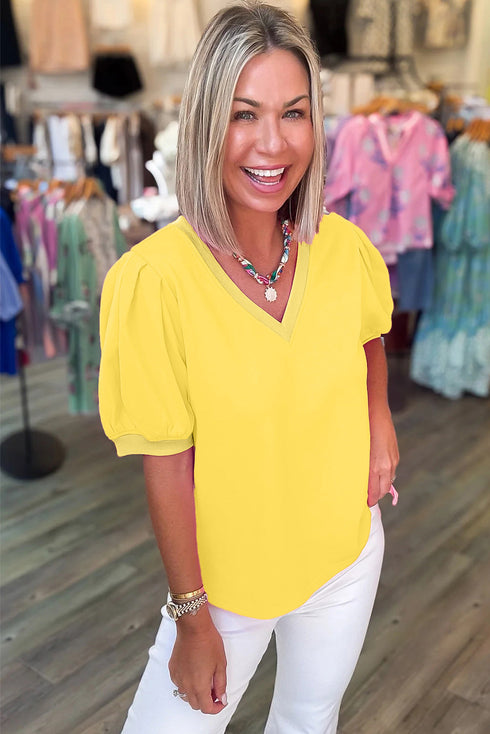 Short Puff Sleeve V Neck Wrap Waist Peplum Blouse