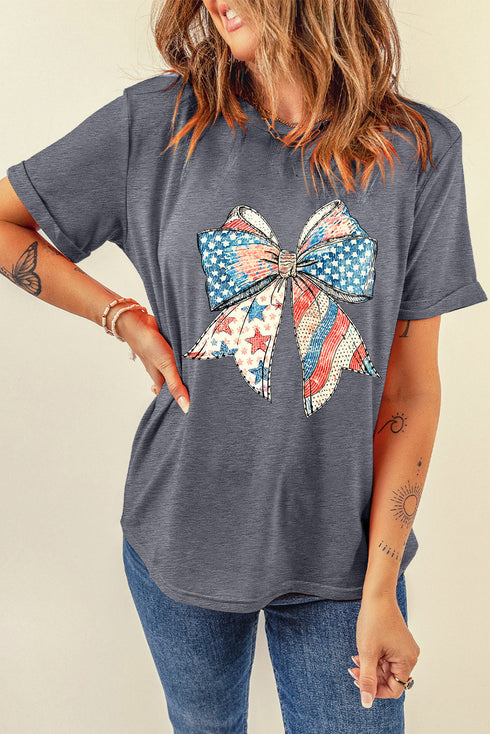Short Sleeve American Flag Bow Print Graphic Tee