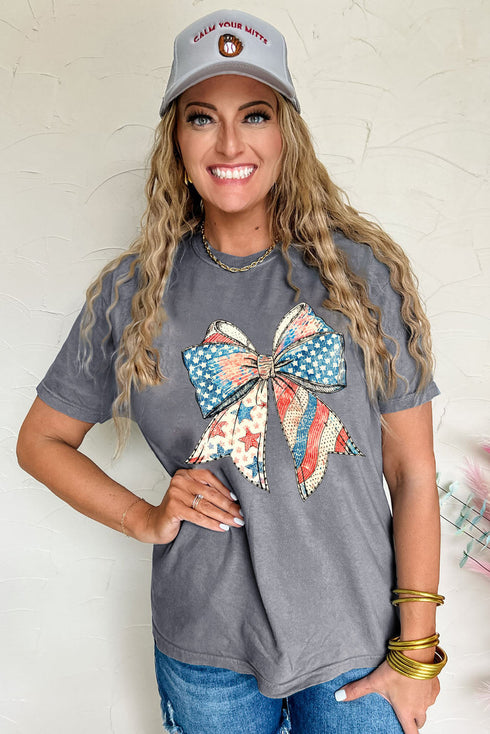 Short Sleeve American Flag Bow Print Graphic Tee