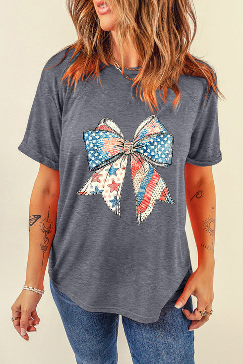 Short Sleeve American Flag Bow Print Graphic Tee