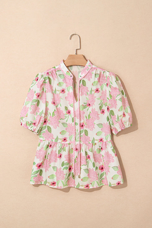 Short Sleeve Botanical Print Drawstring Waist Peplum Blouse