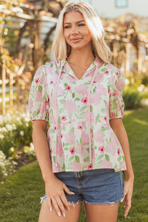 Short Sleeve Botanical Print Drawstring Waist Peplum Blouse