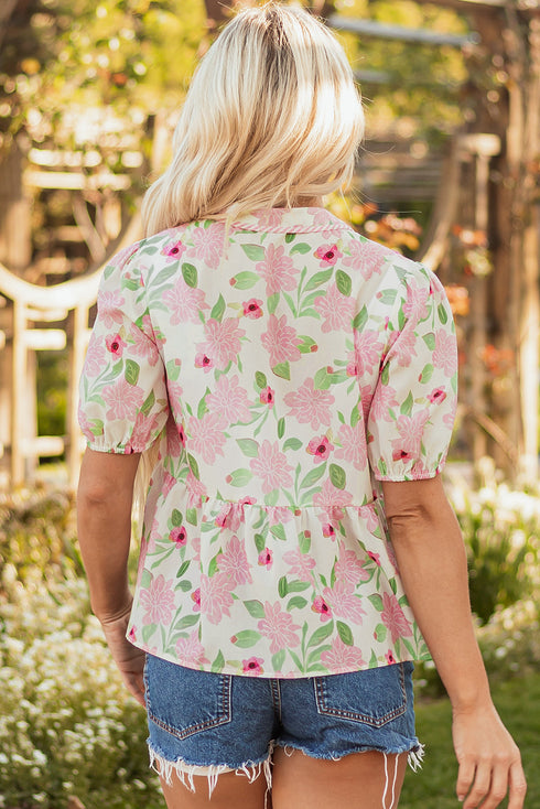 Short Sleeve Botanical Print Drawstring Waist Peplum Blouse
